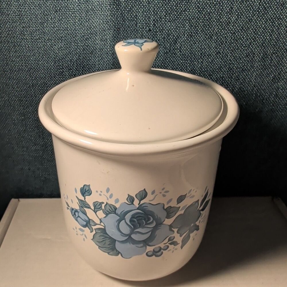 Jay Import Blue Rose Ceramic Canister with Lid Floral Farmhouse Decor 5" Jar